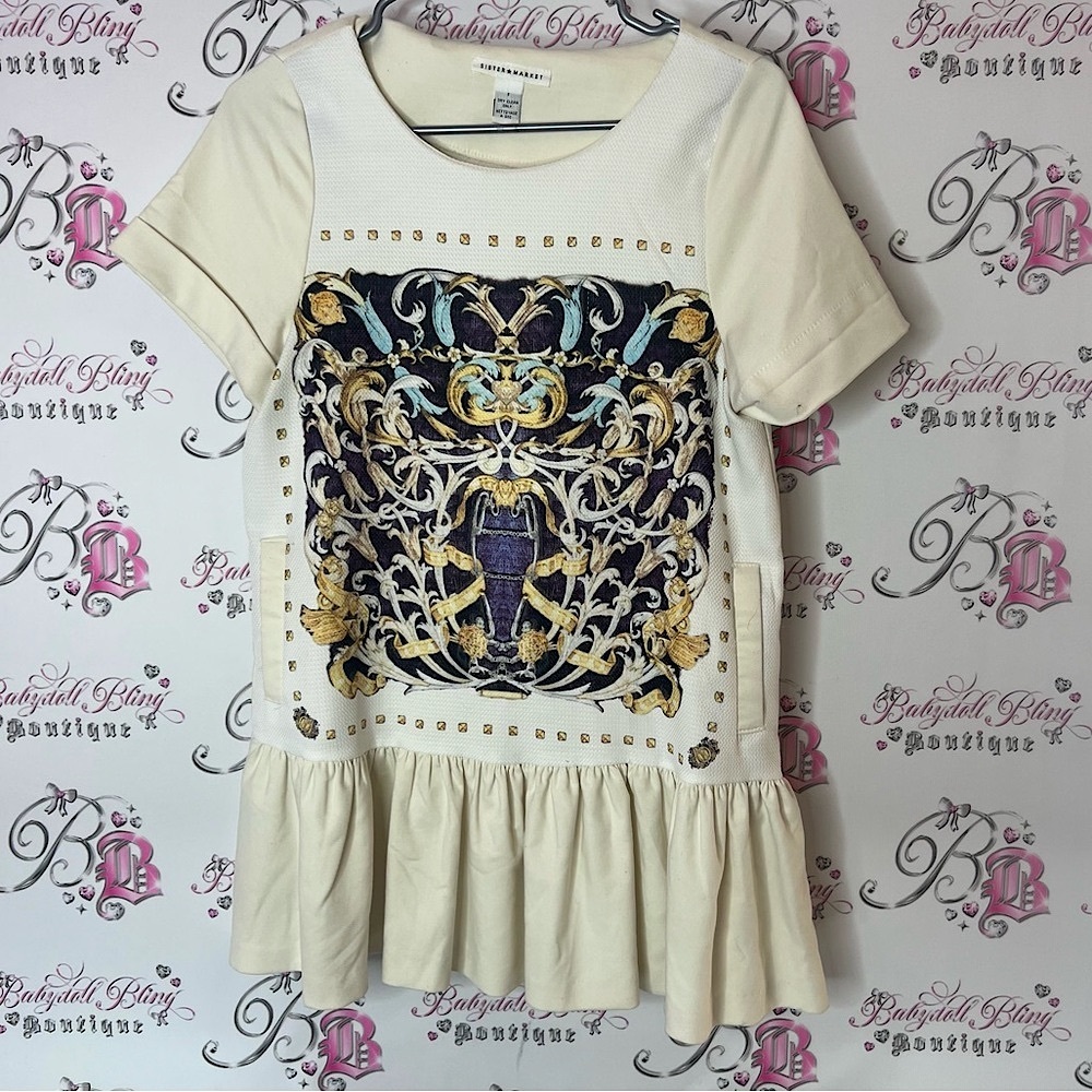 Sister market dress luxe Cream Dress with Gold and Blue Embellishments